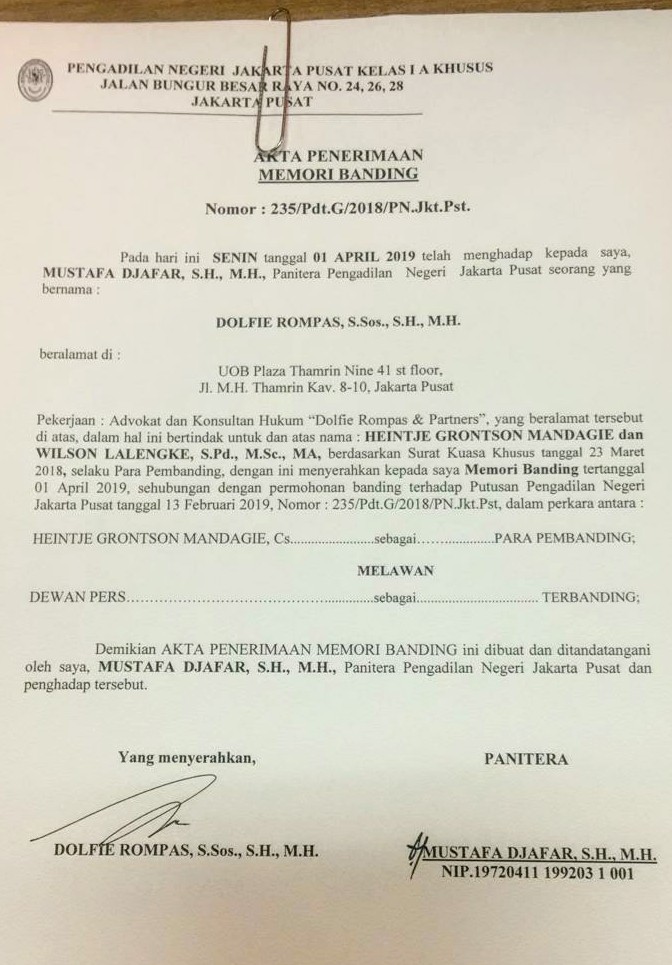 Gugatan PMH Terhadap Dewan Pers Memasuki Babak Baru, Penggugat Ajukan Banding