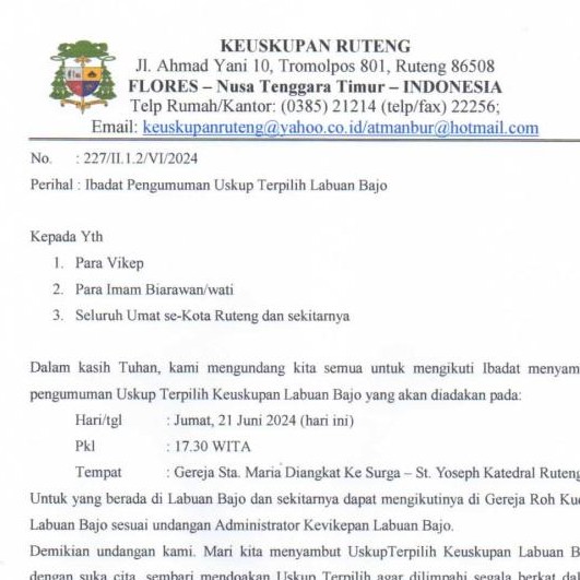 Sore Ini Vatikan Umumkan Uskup Labuan Bajo Terpilih